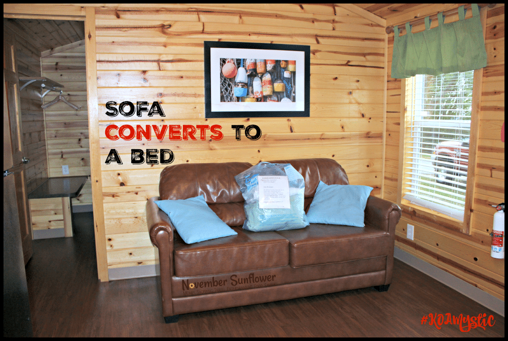 #KOAMystic sofa couch in the Deluxe Cabin #camping #travelreview #familytravel