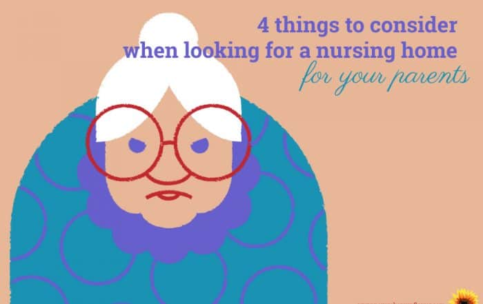 Nursing Home considerations. Cartoon older woman with white hair, big red glasses and a grumpy face on a tan background.